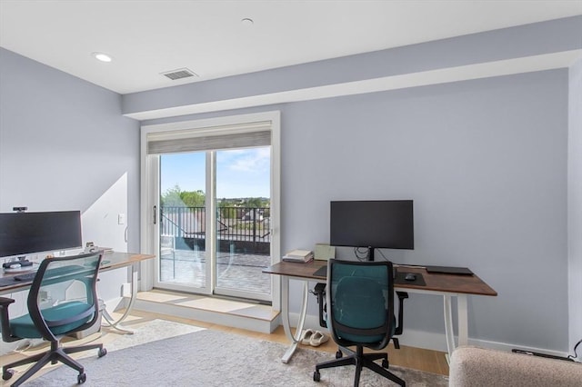 home office with wood finished floors, recessed lighting, and baseboards