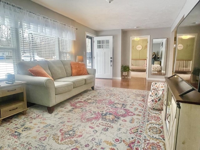 living area with wood finished floors and baseboards