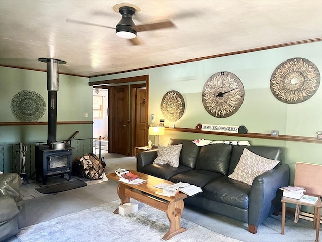 15 Old County Rd, Holland, MA 01521 - living room with carpet flooring, a ceiling fan, crown molding, and a wood stove