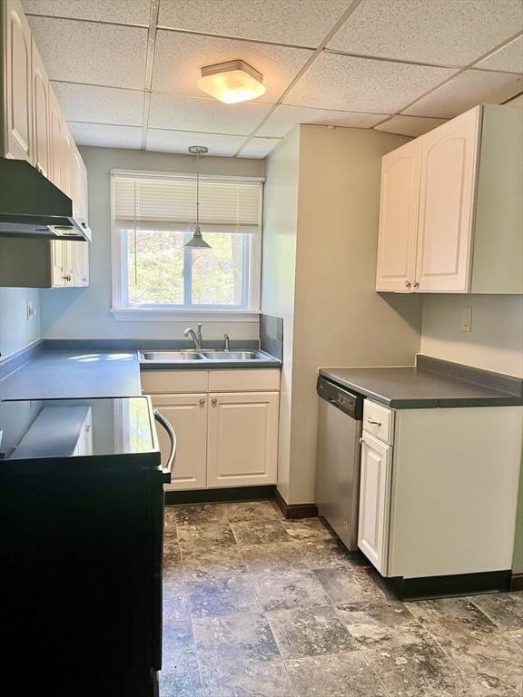 15 Old County Rd, Holland, MA 01521 - kitchen with a paneled ceiling, stainless steel dishwasher, a sink, baseboards, and under cabinet range hood
