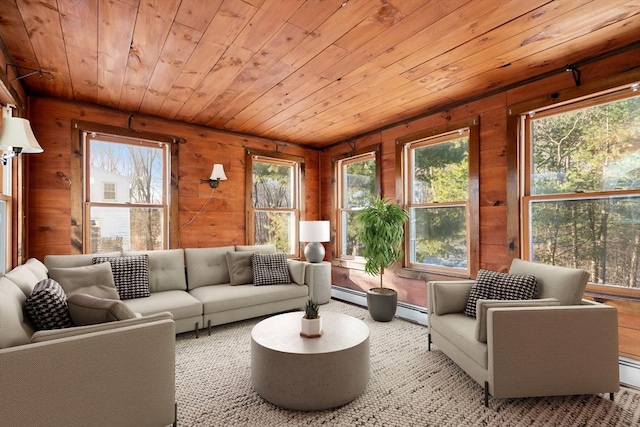 209 Pleasant, Millis, MA 02054 - living area featuring wooden ceiling, plenty of natural light, a baseboard heating unit, and wooden walls