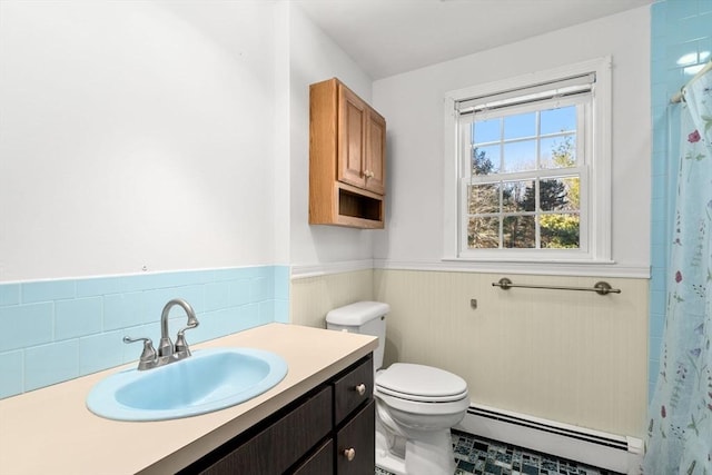 209 Pleasant, Millis, MA 02054 - full bathroom with a baseboard radiator, a wainscoted wall, toilet, vanity, and a shower with shower curtain
