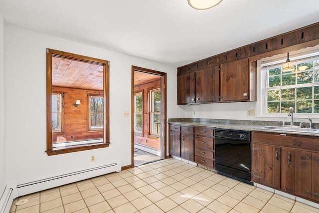 209 Pleasant, Millis, MA 02054 - kitchen featuring black dishwasher, a sink, baseboard heating, dark brown cabinetry, and wood walls