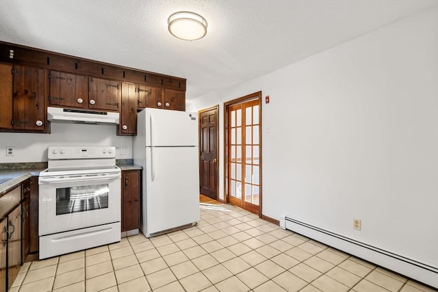 209 Pleasant, Millis, MA 02054 - kitchen featuring white appliances, a baseboard radiator, under cabinet range hood, dark brown cabinets, and a textured ceiling
