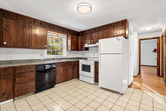 209 Pleasant, Millis, MA 02054 - kitchen with white appliances, a sink, under cabinet range hood, light tile patterned flooring, and dark countertops