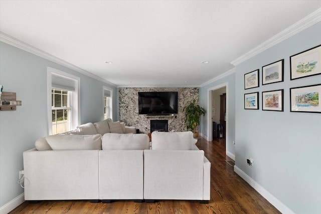living area featuring baseboards, ornamental molding, a fireplace, and dark wood-style floors