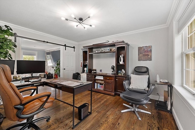 office area with a notable chandelier, baseboards, dark wood finished floors, and ornamental molding