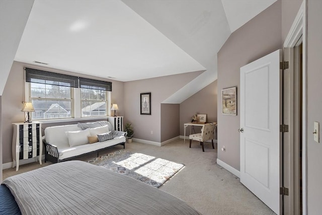 bedroom featuring visible vents, light colored carpet, lofted ceiling, and baseboards