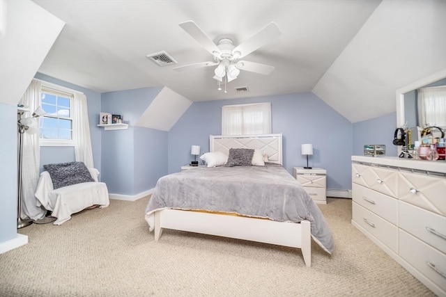 1441 Stafford Rd, Fall River, MA 02721 - carpeted bedroom featuring a baseboard radiator, vaulted ceiling, a ceiling fan, and baseboards