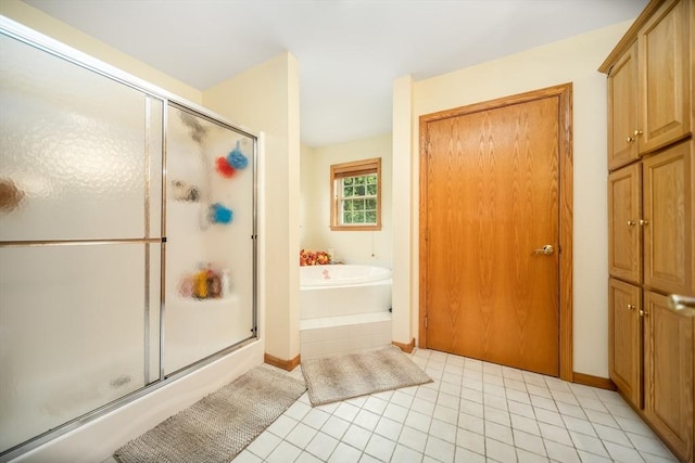 1441 Stafford Rd, Fall River, MA 02721 - bathroom with a shower stall, a bath, baseboards, and tile patterned floors