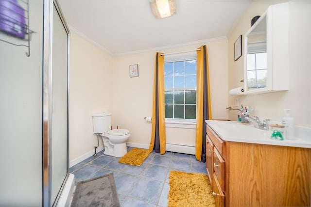 1441 Stafford Rd, Fall River, MA 02721 - full bath with plenty of natural light, a shower with shower door, vanity, baseboard heating, and crown molding