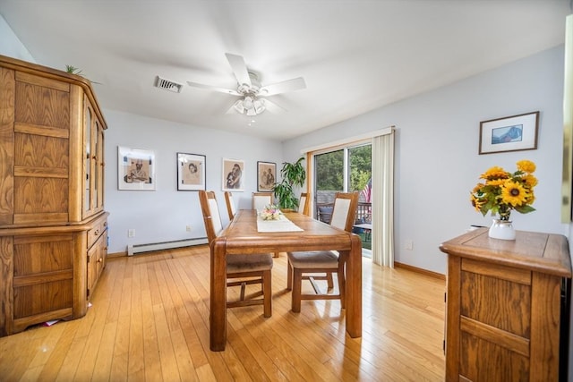 1441 Stafford Rd, Fall River, MA 02721 - dining area with a ceiling fan, a baseboard radiator, light wood-style flooring, and baseboards