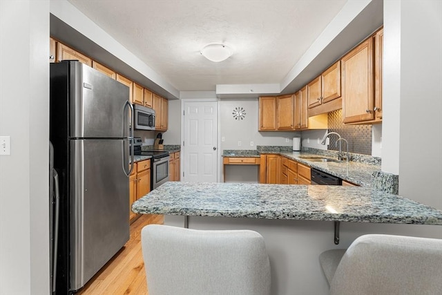 18 Hitching Post Ln Unit 18, Northborough, MA 01532 - kitchen featuring stainless steel appliances, a peninsula, light stone countertops, and light wood-style floors