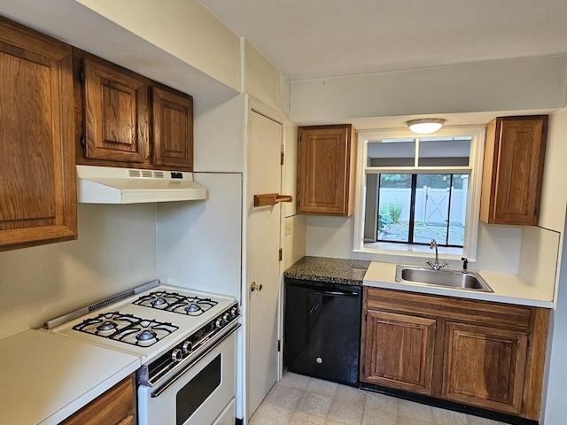 403 Windsor Dr Unit 0, Framingham, MA 01701 - kitchen featuring dishwasher, white range with gas stovetop, under cabinet range hood, and brown cabinetry