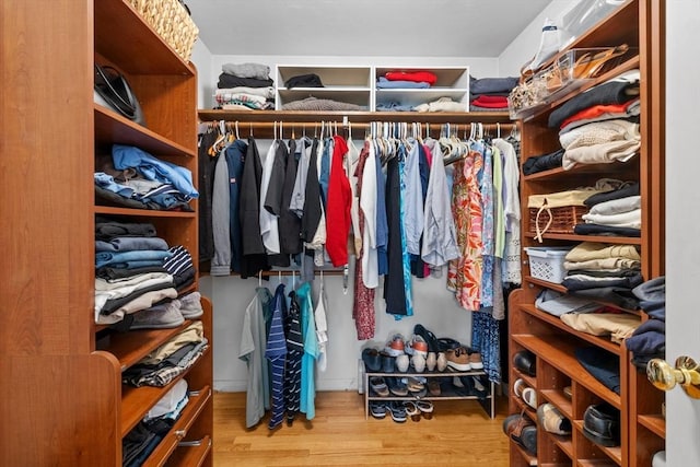 walk in closet with wood finished floors