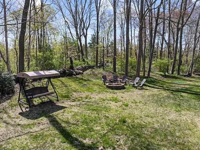 view of yard featuring an outdoor fire pit