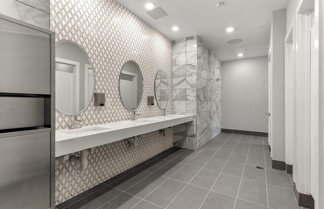 2 Codman Way Unit 305, Westborough, MA 01581 - bathroom with tile patterned flooring, recessed lighting, double vanity, tile walls, and baseboards