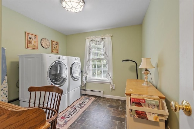 68 Victoria Ave, Athol, MA 01331 - laundry room featuring washing machine and dryer, a baseboard heating unit, and dark stone finish floors