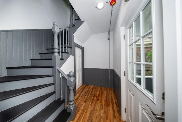 121 Horton St, Fall River, MA 02723 - stairway featuring a wainscoted wall and wood finished floors