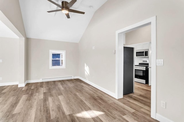 interior space featuring ceiling fan, light hardwood / wood-style floors, lofted ceiling, and a baseboard radiator