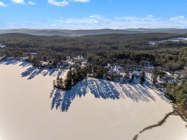 snowy aerial view featuring a water and mountain view