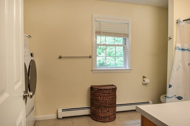 169 Lyman Rd, Berlin, MA 01503 - full bathroom featuring a baseboard radiator, vanity, tile patterned flooring, and a shower with curtain