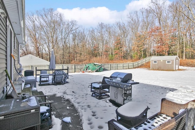 yard covered in snow featuring a storage unit