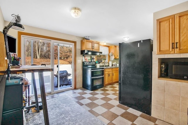 kitchen featuring decorative backsplash, sink, and black appliances