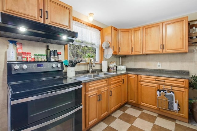 kitchen with black electric range oven and sink