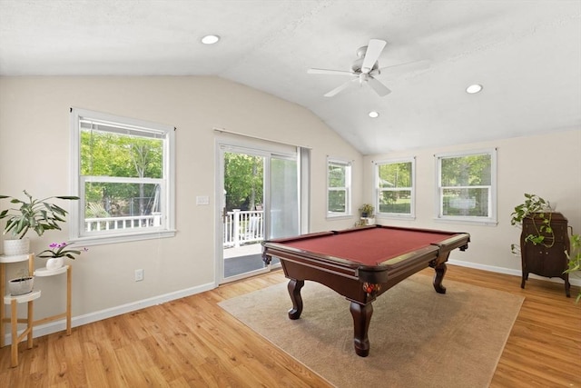 rec room featuring lofted ceiling, light wood-style flooring, baseboards, a ceiling fan, and recessed lighting
