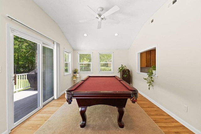 recreation room featuring lofted ceiling, light wood-style floors, a ceiling fan, recessed lighting, and pool table