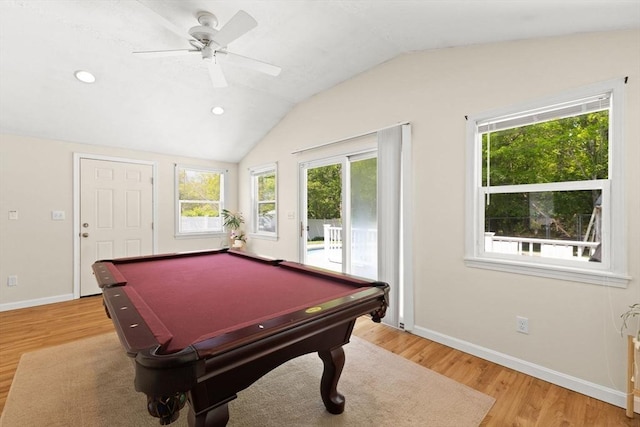 recreation room featuring lofted ceiling, light wood-type flooring, baseboards, billiards table, and ceiling fan