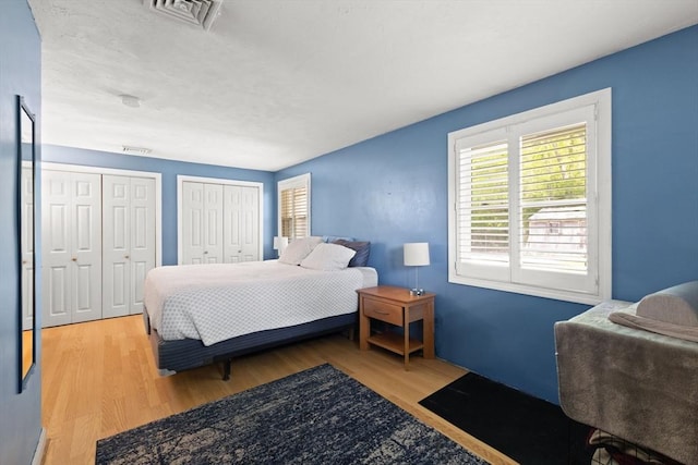bedroom featuring multiple closets and wood finished floors