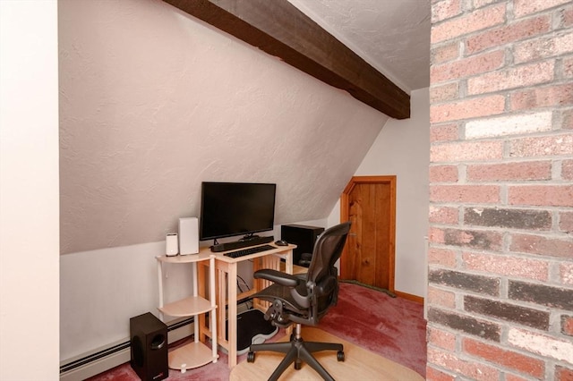 office space with vaulted ceiling with beams and baseboard heating