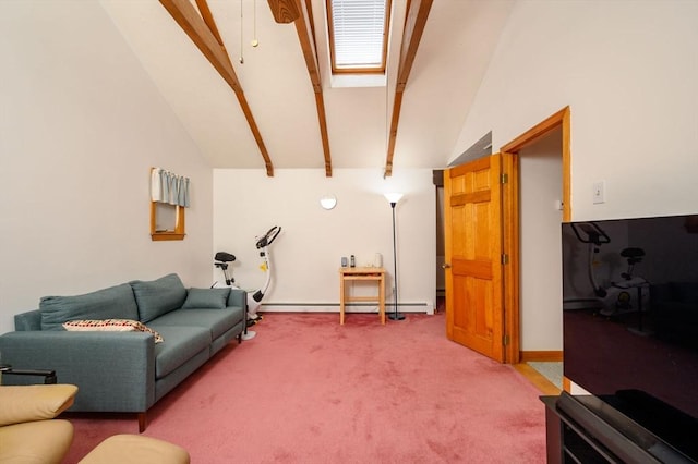 living room featuring vaulted ceiling with beams, a baseboard radiator, and carpet