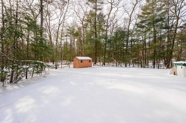 yard covered in snow featuring a shed