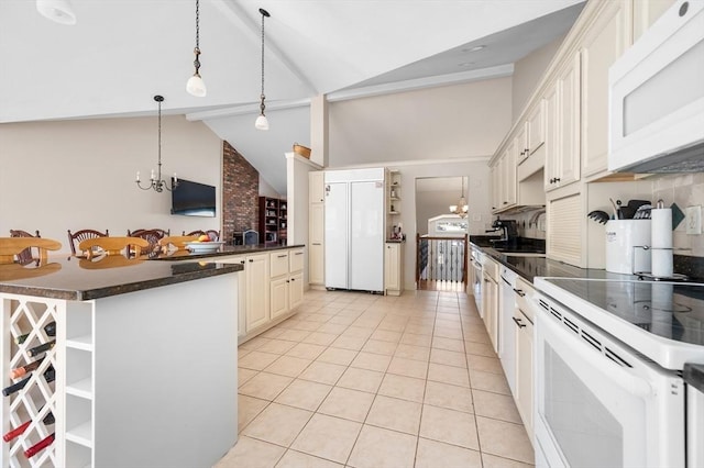 kitchen featuring dark countertops, vaulted ceiling with beams, an inviting chandelier, white appliances, and open shelves