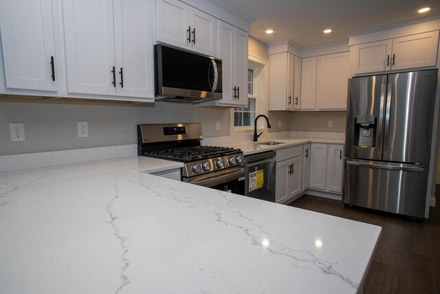789 Royalston Rd, Phillipston, MA 01331 - kitchen with stainless steel appliances, a sink, light stone counters, recessed lighting, and dark wood-style floors