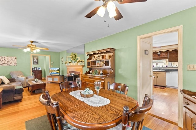 dining space with light wood-style floors, a fireplace, and a ceiling fan