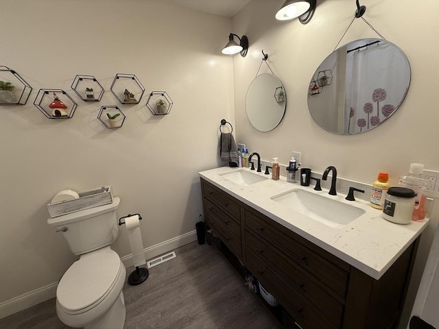 74 Fiske Hill Rd, Sturbridge, MA 01566 - full bathroom featuring double vanity, wood finished floors, baseboards, and toilet