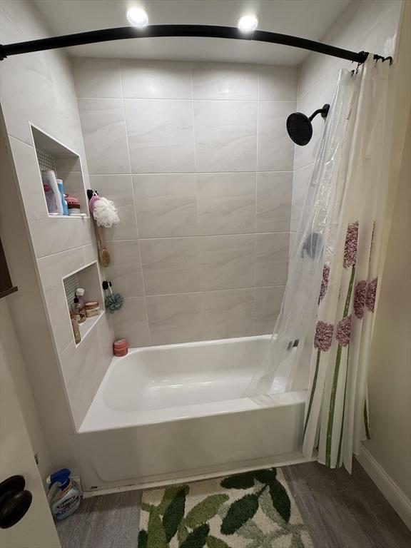 74 Fiske Hill Rd, Sturbridge, MA 01566 - bathroom featuring shower / tub combo with curtain, wood finished floors, and recessed lighting