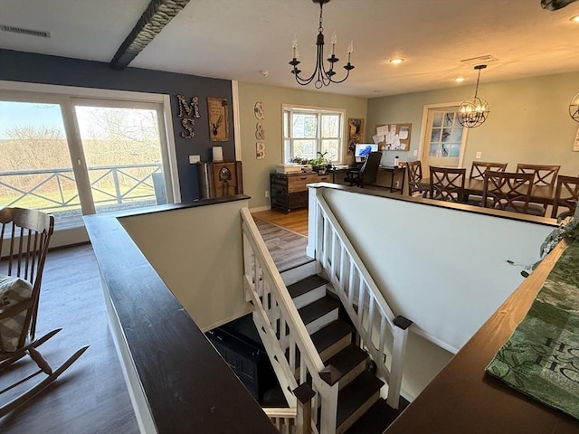 74 Fiske Hill Rd, Sturbridge, MA 01566 - stairs featuring a chandelier, wood finished floors, recessed lighting, and baseboards