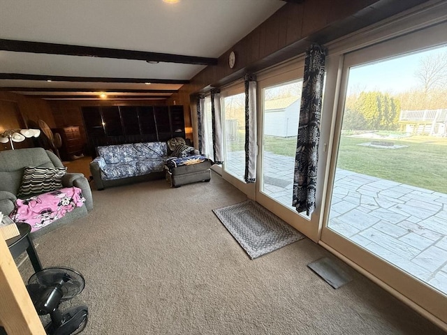 74 Fiske Hill Rd, Sturbridge, MA 01566 - bedroom featuring access to exterior, carpet floors, wooden walls, and beamed ceiling