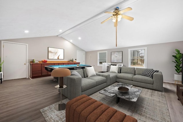 living room with ceiling fan, billiards, lofted ceiling with beams, and dark hardwood / wood-style floors