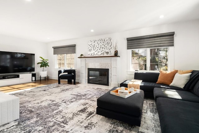 living area featuring wood finished floors, recessed lighting, baseboards, and a high end fireplace