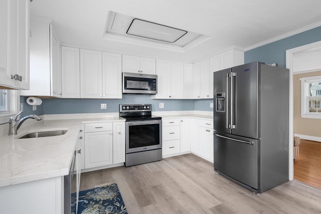 56 Baxter Ave, Yarmouth, MA 02673 - kitchen featuring light wood-type flooring, stainless steel appliances, a raised ceiling, a sink, and white cabinets
