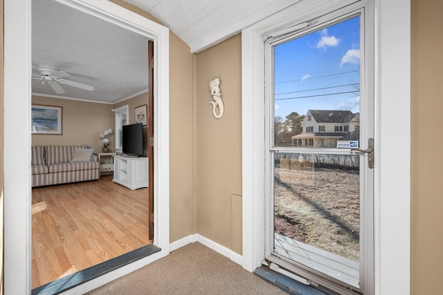 56 Baxter Ave, Yarmouth, MA 02673 - doorway to outside featuring a ceiling fan, ornamental molding, and baseboards
