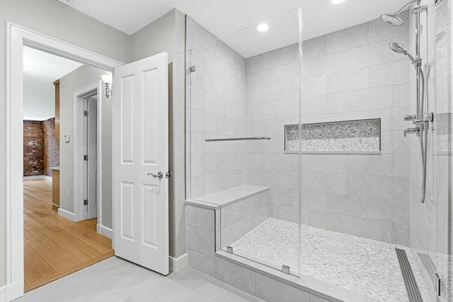 343 Commercial St Unit 212, Boston, MA 02109 - full bath featuring a shower stall, recessed lighting, wood finished floors, and baseboards