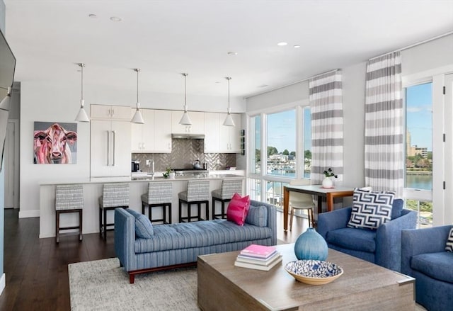 living room with dark hardwood / wood-style flooring, a water view, and a wealth of natural light