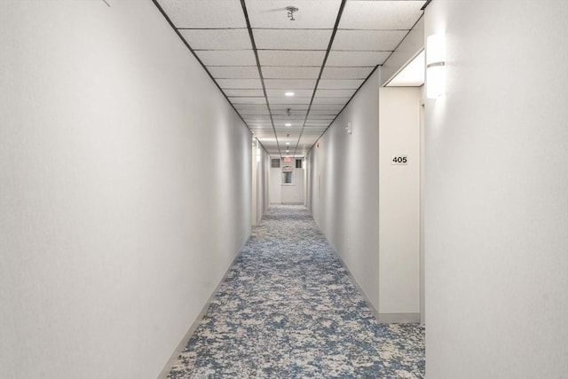 hallway with a paneled ceiling and carpet floors